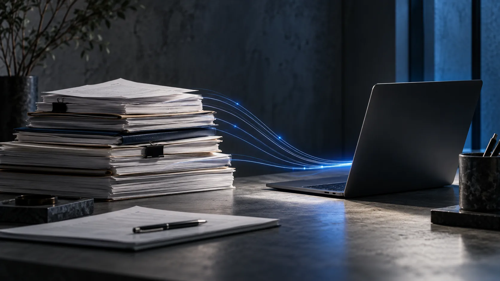 Illustrative desk scene with company documents connected to a laptop by blue light trails