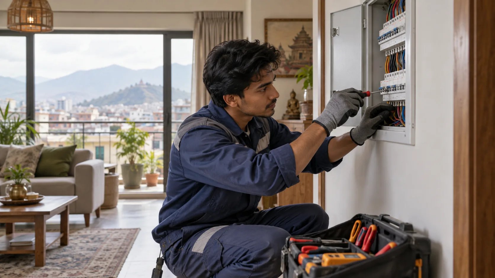 Illustrative technician working on an electrical panel in a Kathmandu apartment