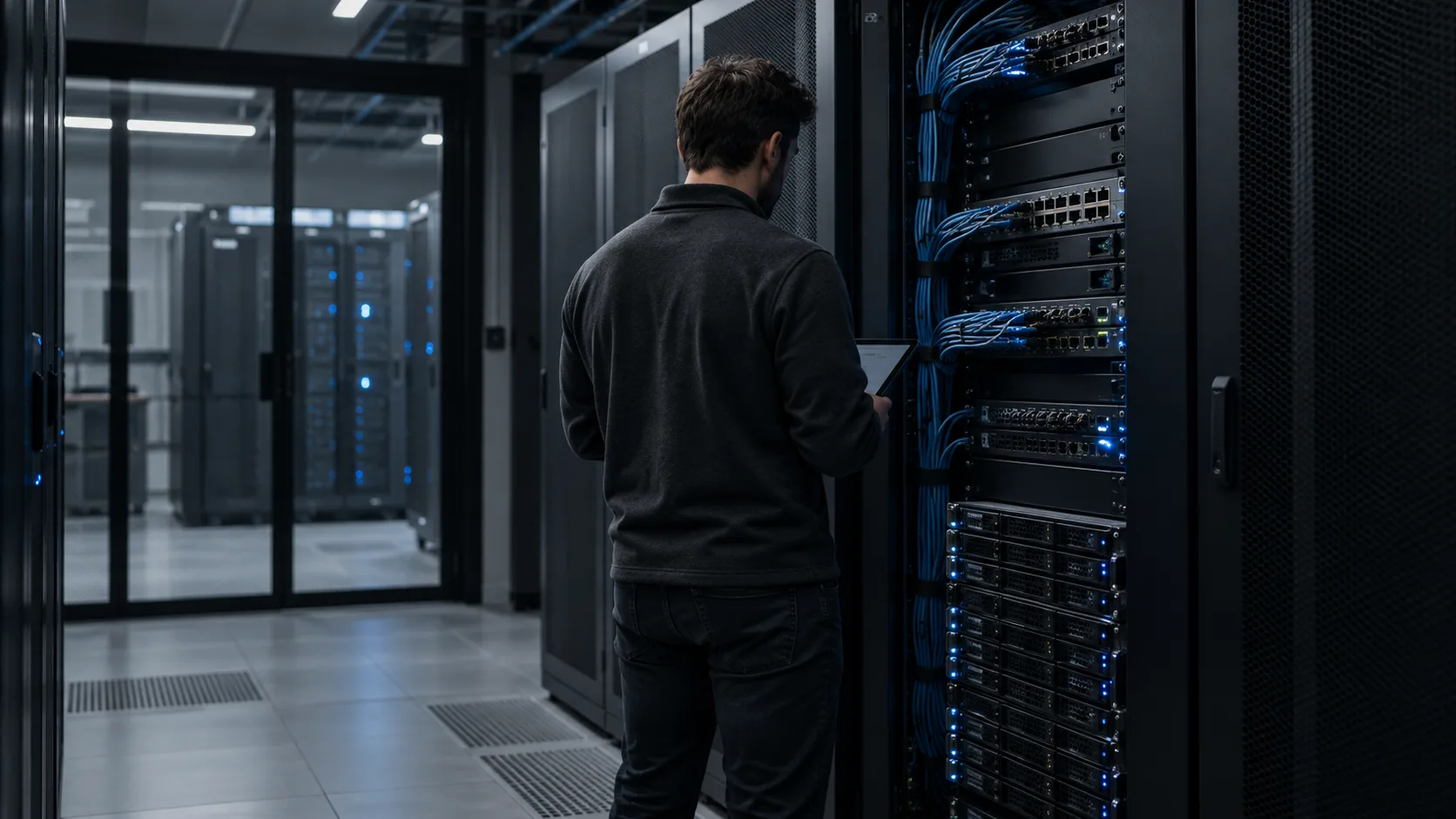 Illustrative developer inspecting equipment in a modern server room